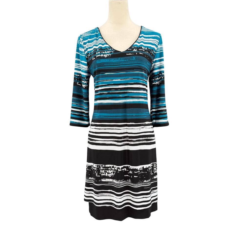 Soma Black White Teal Stripe Reversible V-neck 3/4 Sleeve Short Shift Dress